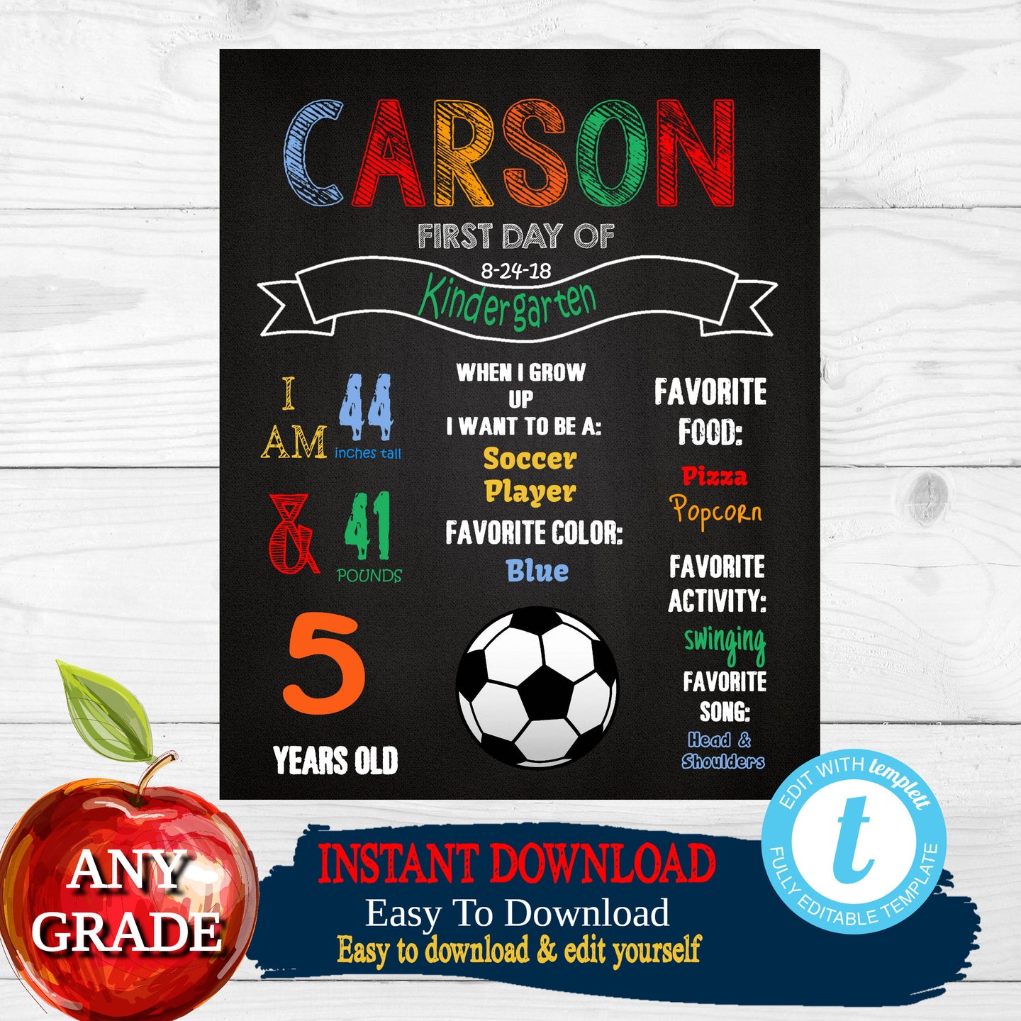 Soccer First Day of School Sign,  Back to school Printable Chalkboard Poster,  First day of Kindergarten , Any Age or Grade, DIY