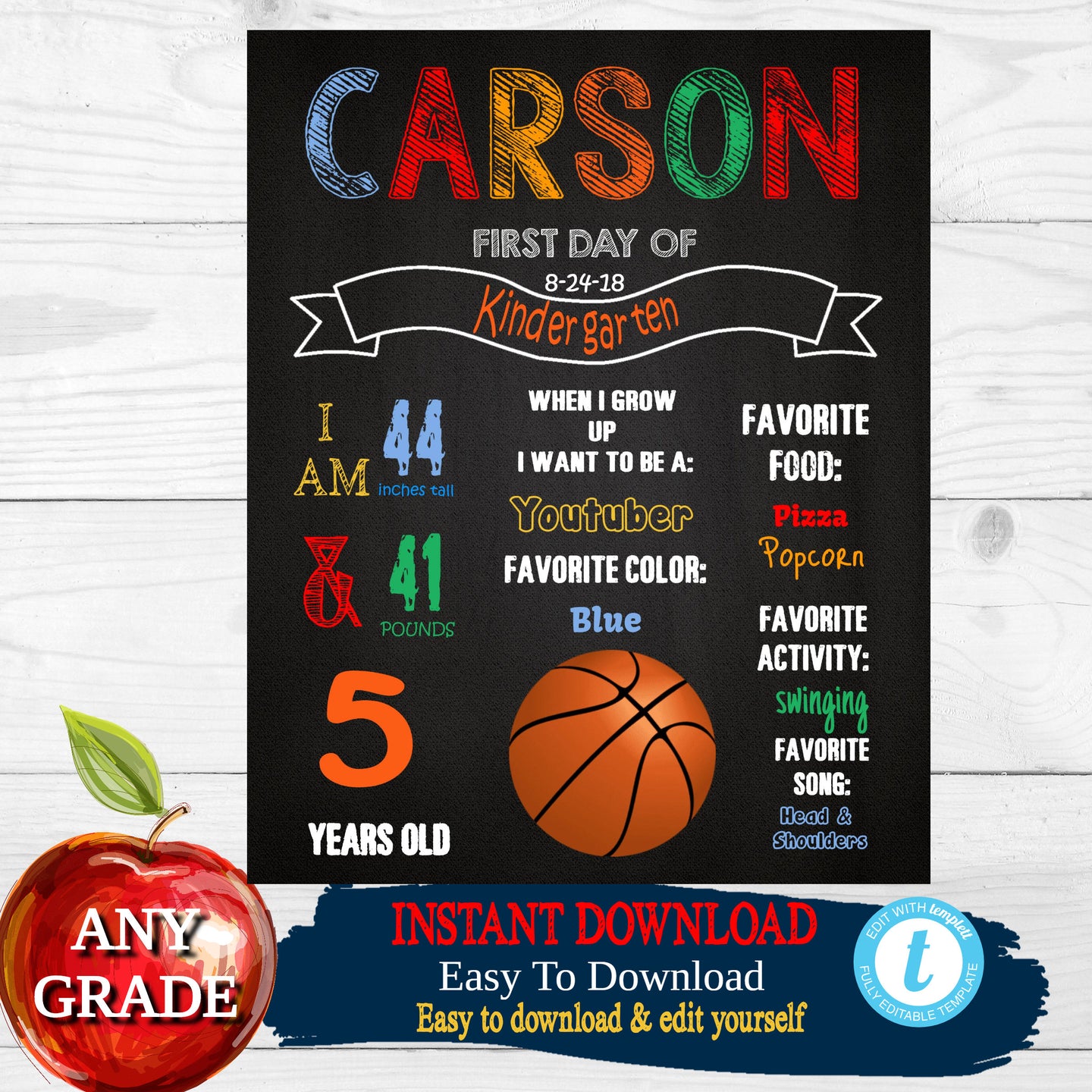 Basketball,First Day of School Sign,  Back to school Printable Chalkboard Poster, Boys  First day of Kindergarten , Any Age or Grade, DIY