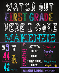 Watch out First Grade Here I come, First  Day of School Sign, Back to school Printable Chalkboard Poster, First day of School, Any Grade