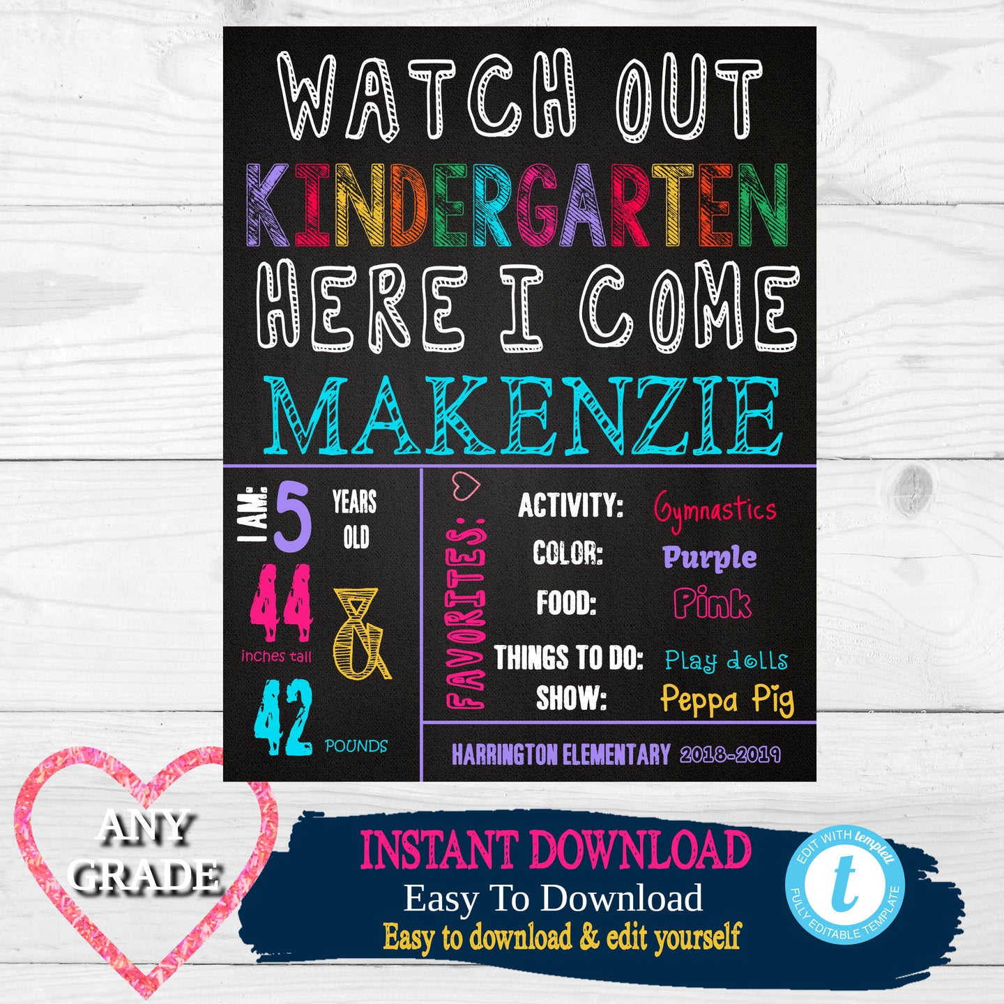 Watch out Kindergarten Here I come, First  Day of School Sign, Back to school Printable Chalkboard Poster, First day of School, Any Grade