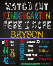 Load image into Gallery viewer, Watch out Kindergarten Here I come, First  Day of School Sign, Back to school Printable Chalkboard Poster, Boys First day, Any Grade, DIY