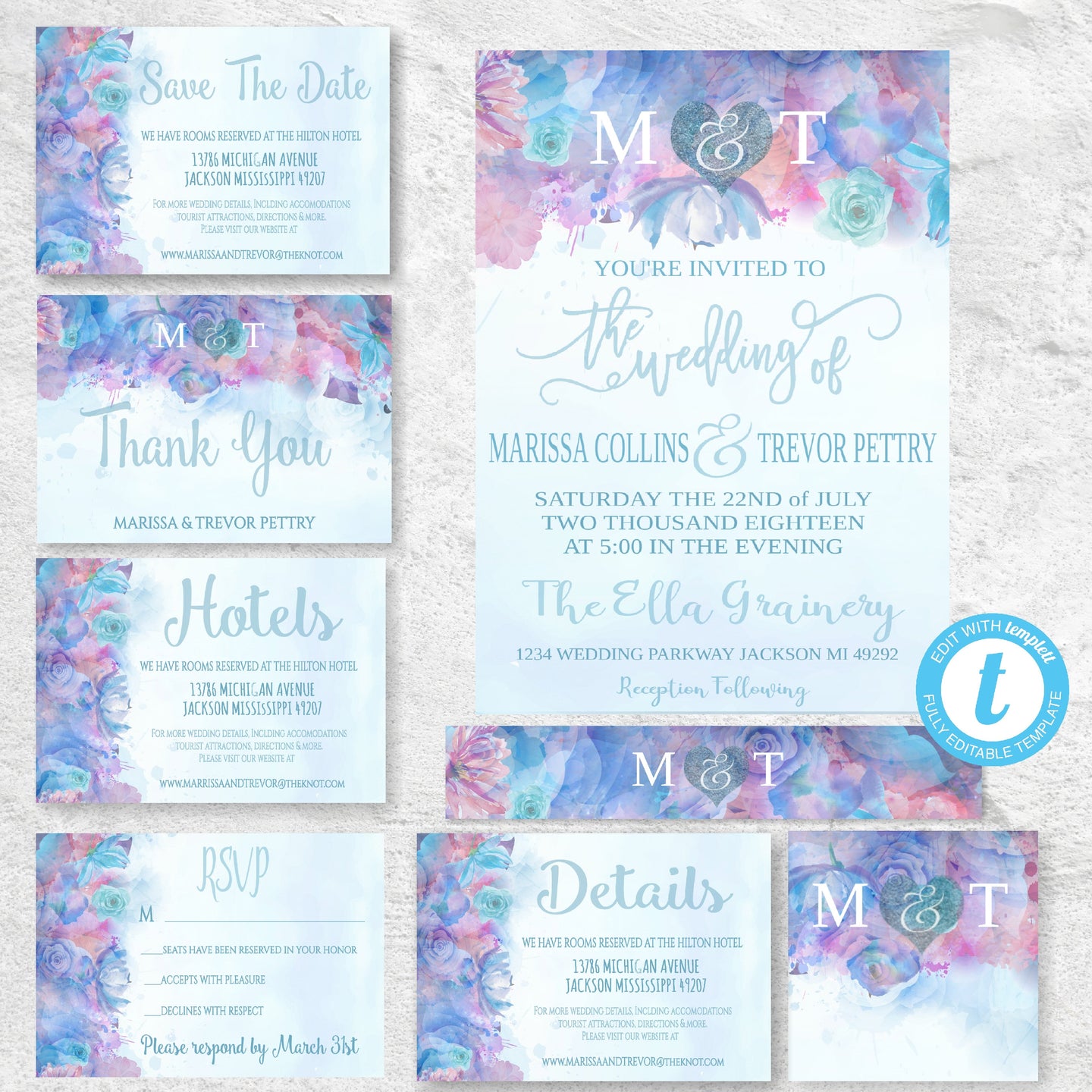 Watercolor Wedding Invitation,  Whimsical Invitation Set, DIY  Cards,  Printable, Template, Instant Download, Wedding, Wedding Bundle,
