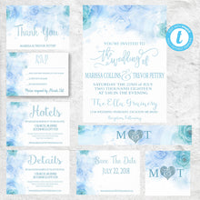 Load image into Gallery viewer, Watercolor Blue White Teal Wedding Invitation,  Whimsical Invitation Set, DIY,  Printable, Template, Instant Download, Wedding Bundle,