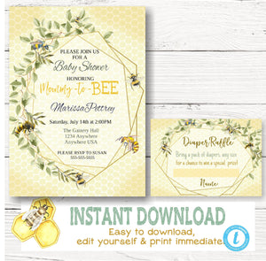 Bee baby Shower Invitation Diaper Raffle, Greenery Baby Shower, Bumblebee Gender Neutral, Geometrical, Watercolor  Baby, edit yourself