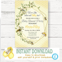 Load image into Gallery viewer, Bee Gender Reveal Invitation, Greenery Baby Shower, Bumblebee, He or She what will it be, Geometrical Watercolor, digital