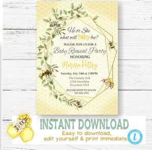 Bee Gender Reveal Invitation, Greenery Baby Shower, Bumblebee, He or She what will it be, Geometrical Watercolor, digital