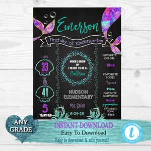 Mermaid Glitter First Day of School Sign, Mermaid tail Back to school Printable Chalkboard Poster, First day, Kindergarten , Any Age  Grade