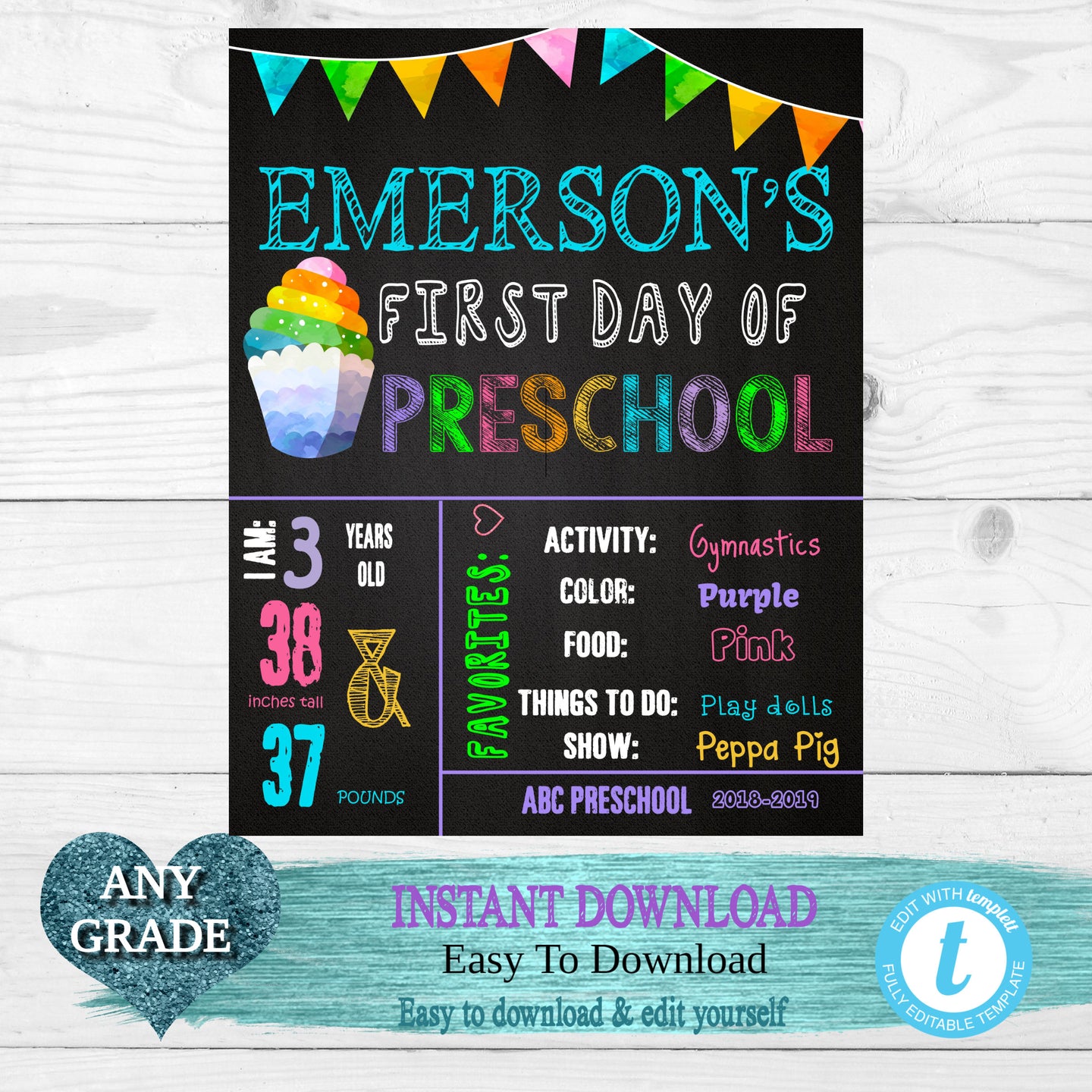 Cup Cake Back to school, Rainbow  First  Day of School Sign, Back to school Printable Chalkboard Poster, First day of School, Any Grade