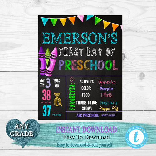 Back to school, Crayons, First  Day of School Sign, Back to school Printable Chalkboard Poster, First day of School, Any Grade