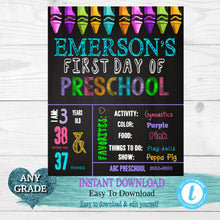 Load image into Gallery viewer, Back to school, Crayons, First  Day of School Sign, Back to school Printable Chalkboard Poster, First day of School, Any Grade