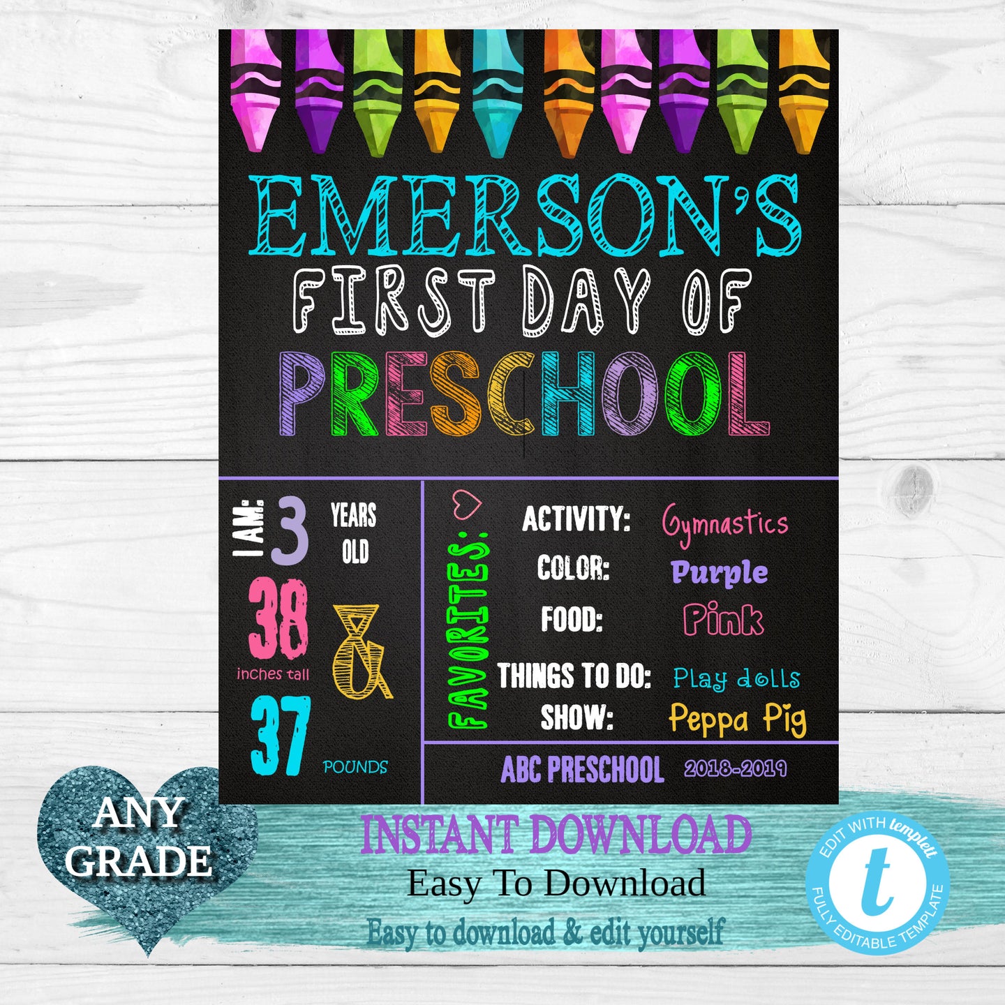 Back to school, Crayons, First  Day of School Sign, Back to school Printable Chalkboard Poster, First day of School, Any Grade