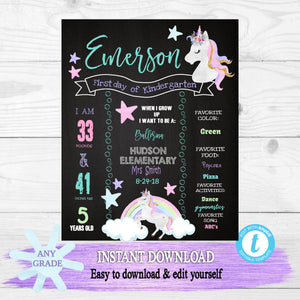 Unicorn First Day of School Sign, Gold glitter Unicorn Back to school Printable Chalkboard Poster, First day, Kindergarten , Any Age  Grade