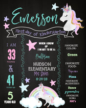 Load image into Gallery viewer, Unicorn First Day of School Sign, Gold glitter Unicorn Back to school Printable Chalkboard Poster, First day, Kindergarten , Any Age  Grade