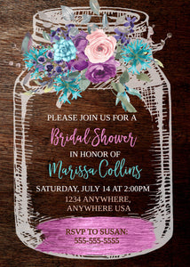 Bridal Shower Rustic Mason Jar Invitation, Country invite,Purple Flower Invitation, Bridal Boho floral Watercolor, Template, You edit DIY