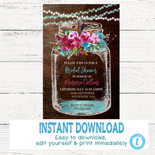 Load image into Gallery viewer, Boho Bridal Shower Rustic Mason Jar Invitation, Country invite, Purple Flower Invitation, Lights. Floral Watercolor, Template, You edit DIY