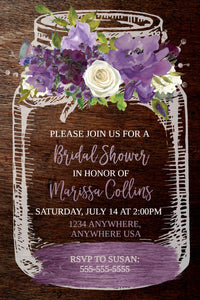 Purple Rustic Mason Jar Bridal Shower Invitation, Country invite, Flower Invitation, Bridal Boho floral Watercolor, Template, You edit DIY