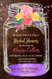 Purple Rustic Mason Jar Bridal Shower Invitation, Country invite, Flower Invitation, Bridal bright floral Watercolor, Template, You edit DIY
