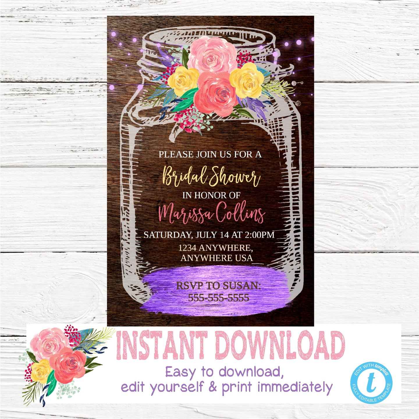 Purple Rustic Mason Jar Bridal Shower Invitation, Country invite, Flower Invitation, Bridal bright floral Watercolor, Template, You edit DIY