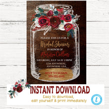 Load image into Gallery viewer, Red holiday Mason Jar Bridal Shower Invitation, Country invite, Barn Flower Invitation, Burgundy, Christmas, Blush Watercolor,  You edit DIY
