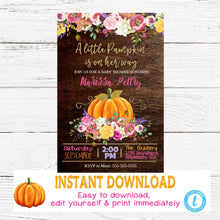 Load image into Gallery viewer, Baby Shower Pumpkin Invitation, A little pumpkin is on her way, Flower Invite, Rustic  floral Watercolor, Fall Baby shower, You edit digital