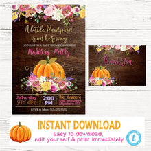 Load image into Gallery viewer, Baby Shower Pumpkin Invitation, Thank You, A little pumpkin Bundle, Floral Invite, Rustic Watercolor, Fall Baby shower, You edit digital