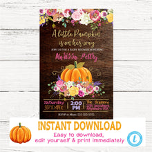 Load image into Gallery viewer, Baby Shower Pumpkin Invitation, Thank You, Diaper Card, Books for baby,Bundle, Floral Invite, Rustic, Fall Baby shower, You edit digital
