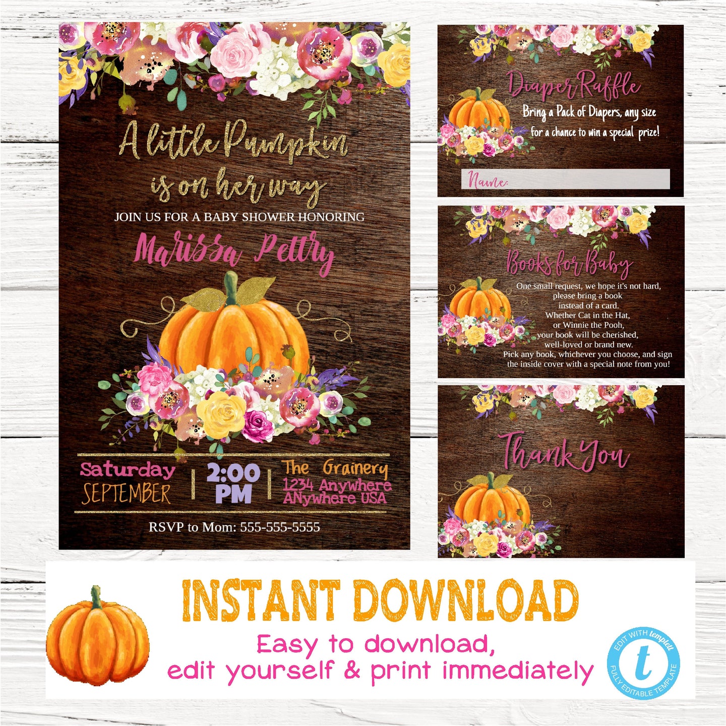 Baby Shower Pumpkin Invitation, Thank You, Diaper Card, Books for baby,Bundle, Floral Invite, Rustic, Fall Baby shower, You edit digital