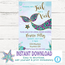 Load image into Gallery viewer, Bridal Shower Mermaid Invitation, Mermaid Invite, Trade my tail for a veil, Under the Sea, bridal shower, Mermaid Bachelorette, Instant