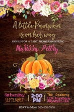 Load image into Gallery viewer, Baby Shower Pumpkin Invitation, A little pumpkin is on her way, Flower Invite, Rustic  floral Watercolor, Fall Baby shower, You edit digital