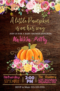 Baby Shower Pumpkin Invitation, A little pumpkin is on her way, Flower Invite, Rustic  floral Watercolor, Fall Baby shower, You edit digital