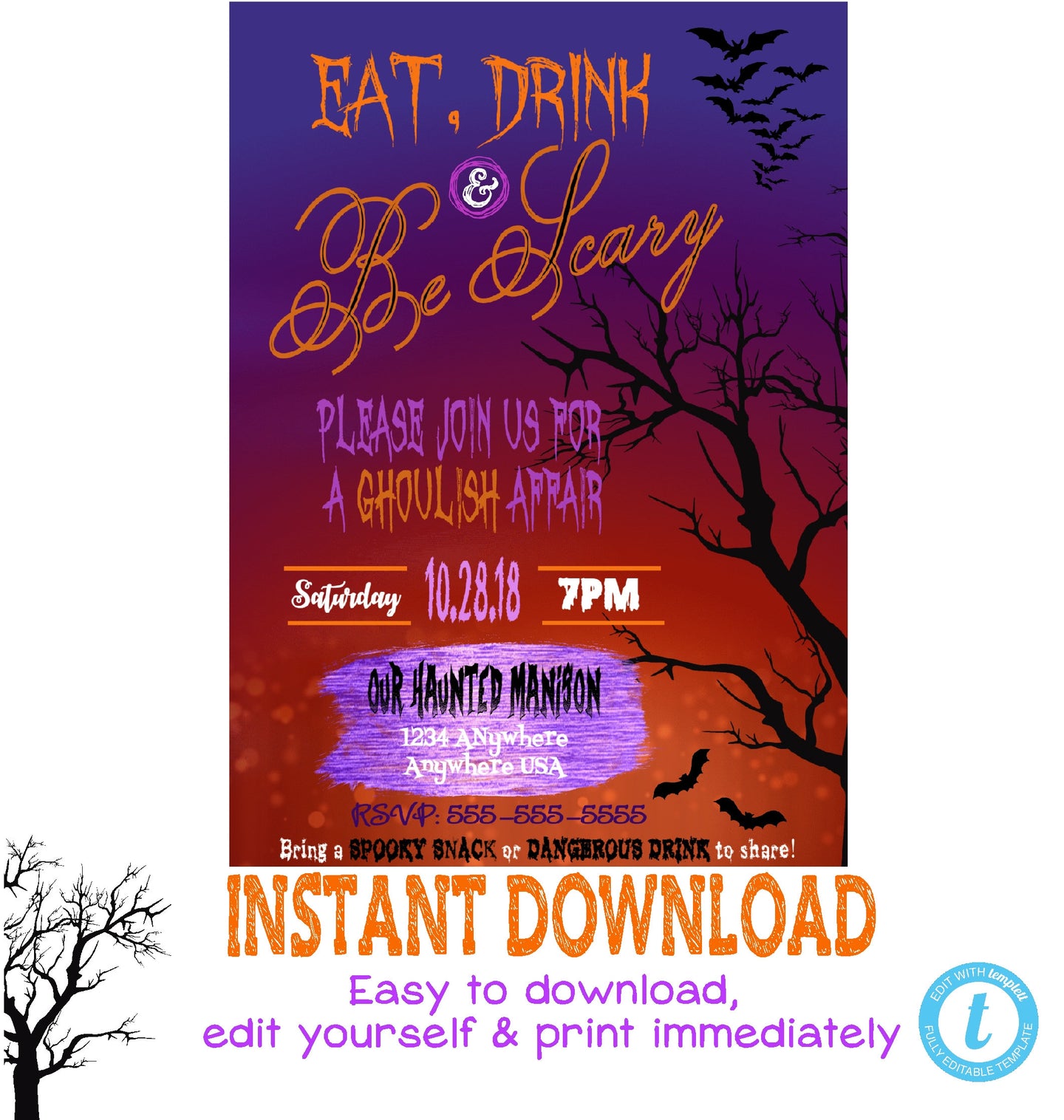Halloween Party Invitation, Spooky Halloween, EAT DRINK be SCARY, Haunted House invite, Masquerade Costume Party You edit digital