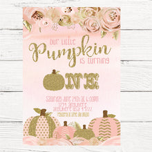 Load image into Gallery viewer, Pumpkin Invitation First Birthday, Our Little Pumpkin 1st birthday Invite, Glitter and floral first, Pink and Gold, Girl Fall invitation.