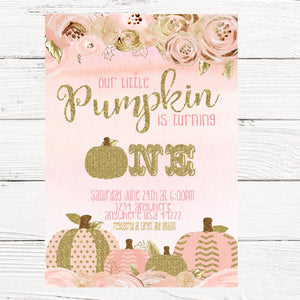 Pumpkin Invitation First Birthday, Our Little Pumpkin 1st birthday Invite, Glitter and floral first, Pink and Gold, Girl Fall invitation.