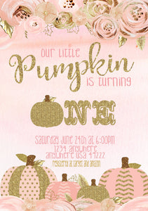 Pumpkin Invitation First Birthday, Our Little Pumpkin 1st birthday Invite, Glitter and floral first, Pink and Gold, Girl Fall invitation.