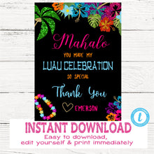 Load image into Gallery viewer, Hawaiian Luau Thank You, Tiki Party Thank You card, Pineapple Invitation, Aloha Luau Party, Picture Tropical Edit Yourself, Instant Download