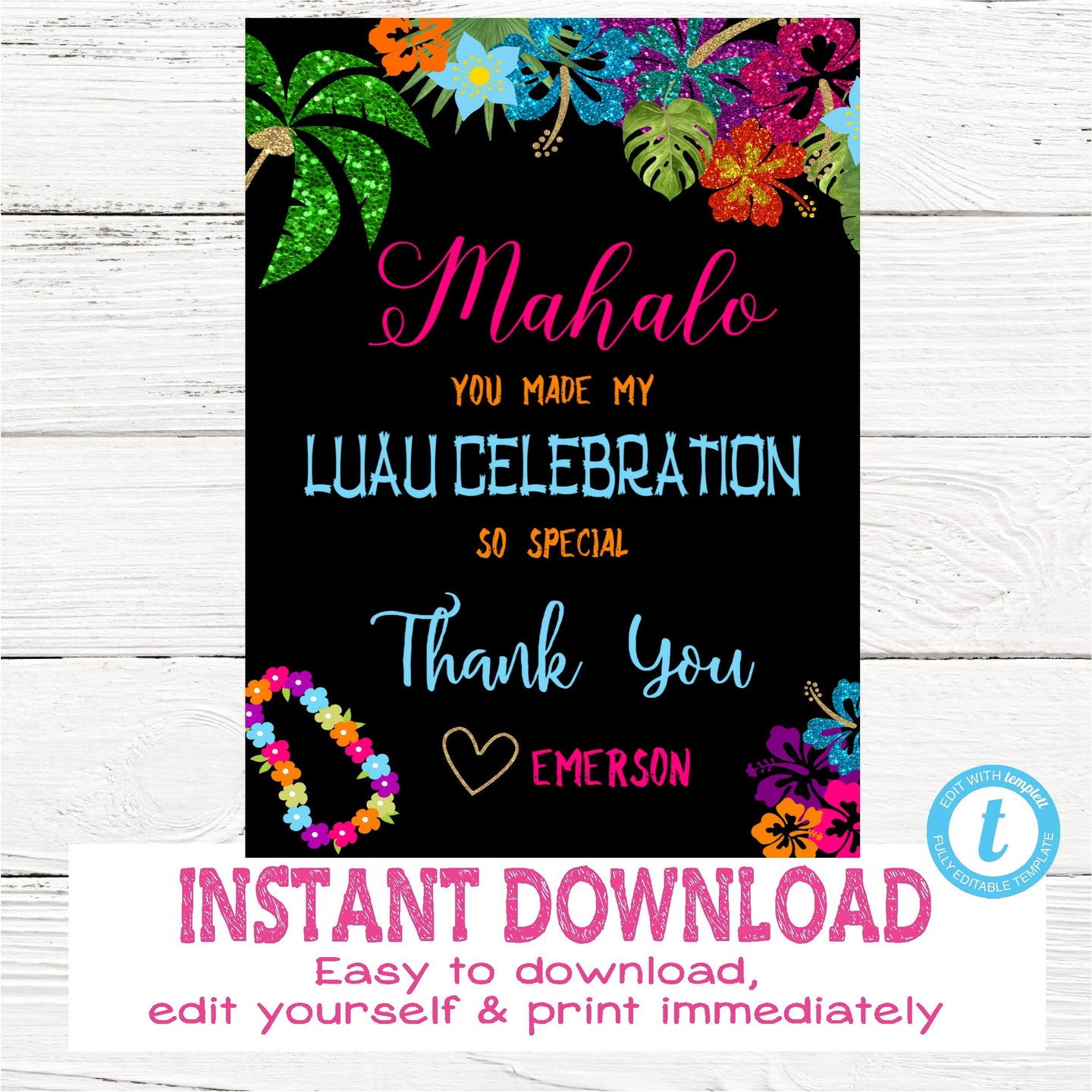 Hawaiian Luau Thank You, Tiki Party Thank You card, Pineapple Invitation, Aloha Luau Party, Picture Tropical Edit Yourself, Instant Download