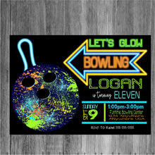 Load image into Gallery viewer, Neon Glow Bowling Birthday invitation, Boys Bowling invitation, Neon Bowling party invite, Bowling Birthday, Bowl, 80&#39;s, Disco, Digital file