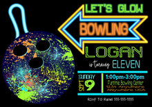Load image into Gallery viewer, Neon Glow Bowling Birthday invitation, Boys Bowling invitation, Neon Bowling party invite, Bowling Birthday, Bowl, 80&#39;s, Disco, Digital file