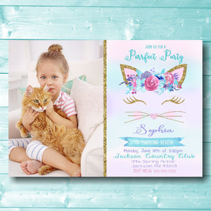 Kitten invitation, Kitten Birthday invite, Kitty Birthday or Baby Shower, Add picture Birthday Invitation,  Mint green Purple, Gold