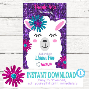 LLAMA Birthday Thank You card, Fiesta Llama Thank You, Purple Glitter, Alpaca Southwestern, First birthday, Digital instant download