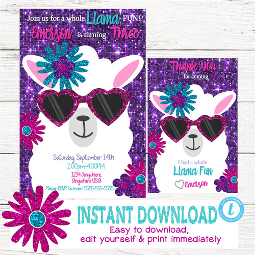 LLAMA Invitation, Fiesta Llama invitation Thank You, Purple Glitter invite, Birthday Alpaca Southwestern, Party, Digital instant download