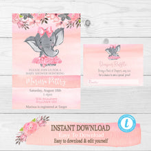 Load image into Gallery viewer, Girl Elephant Baby Shower Invitation, Diaper Raffle, Elephant Safari baby shower invite, Girl elephant invitation, rustic flowers, easy edit