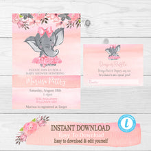 Load image into Gallery viewer, Girl Elephant Baby Shower Invitation, Books for baby, Diaper raffle card, Elephant Safari baby shower invite, Girl Elephant  rustic flowers