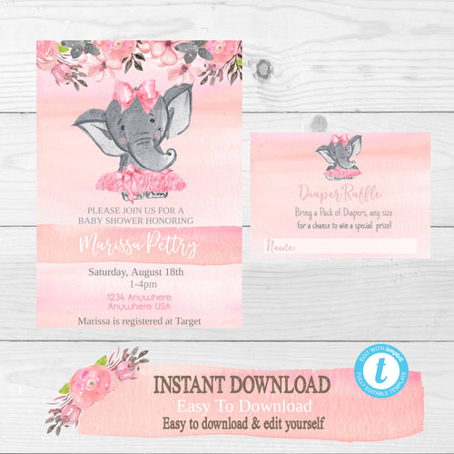 Girl Elephant Baby Shower Invitation, Diaper Raffle, Elephant Safari baby shower invite, Girl elephant invitation, rustic flowers, easy edit