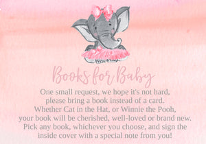 Pink Elephant Baby Shower Invitation, Books for baby, Package, girl Elephant Safari baby shower invite, Girl elephant,  rustic flowers, diy