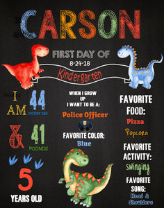 Dinosaur First Day of School Sign, Back to school Printable Chalkboard Poster, Dino First day of Kindergarten, Any Age or Grade, DIY