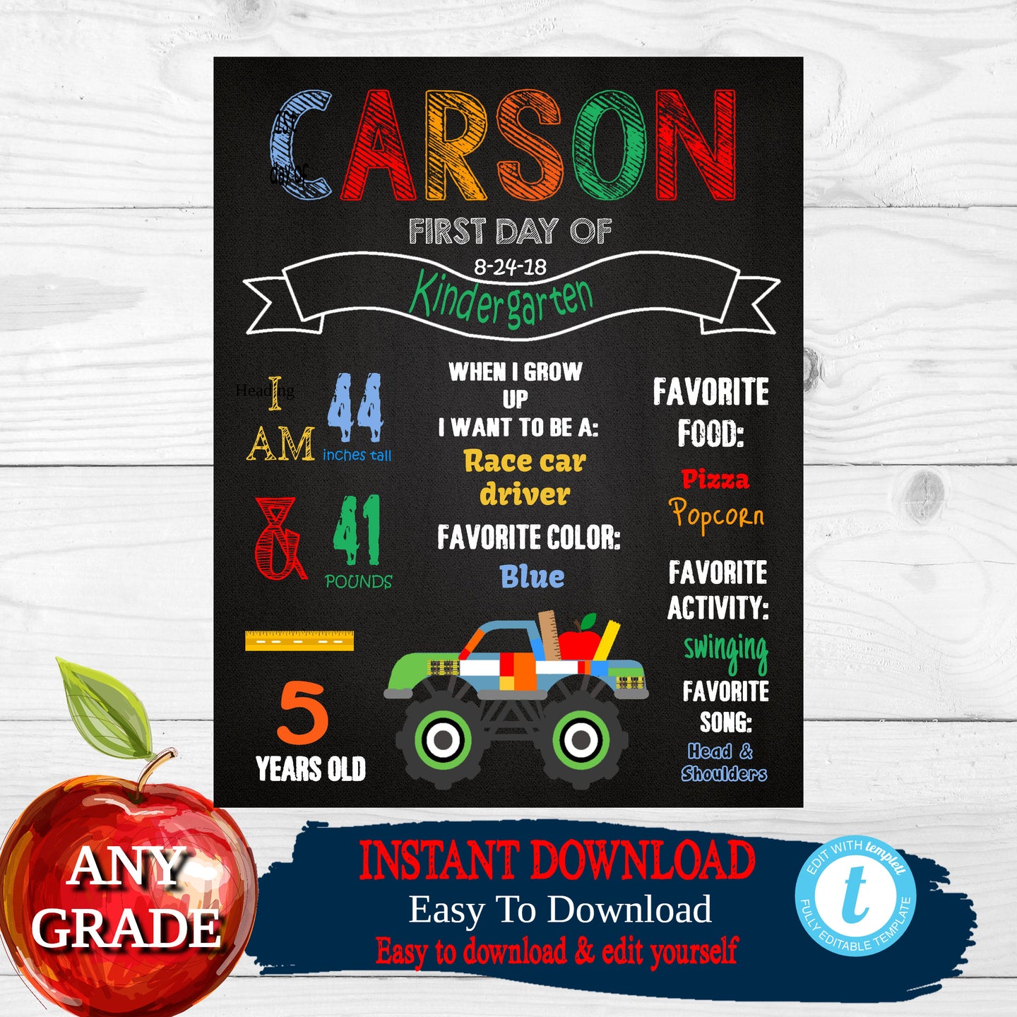 Monster Truck First Day of School Sign,  Back to school Printable Chalkboard Poster,  First day of Kindergarten , Any Age or Grade, DIY