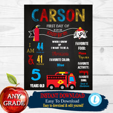 Load image into Gallery viewer, Firetruck game First Day of School Sign,  Back to school Printable Chalkboard Poster, Boys First day of Kindergarten, Firefighter Any  Grade