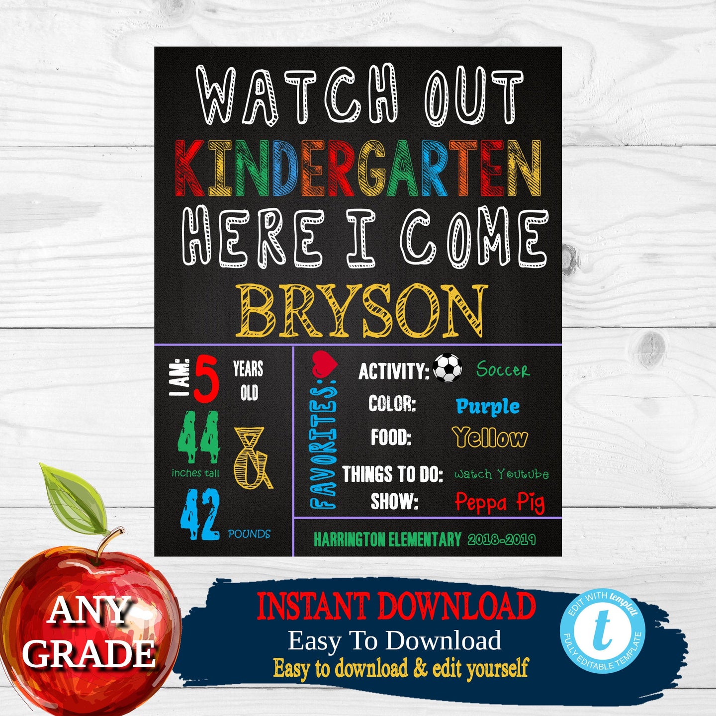 Watch out Kindergarten Here I come, First  Day of School Sign, Back to school Printable Chalkboard Poster, Boys First day, Any Grade, DIY