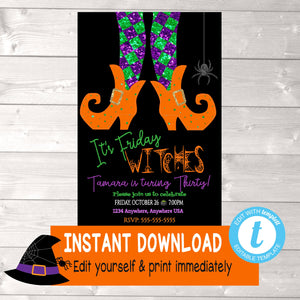 Halloween Birthday Invitation, Witch Party, It's Friday Witches Birthday Invitation, Witch Invitations, Halloween Party, edit yourself